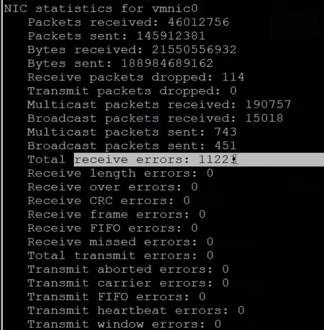 Example output for esxcli network nic stats get -n -vmnic0